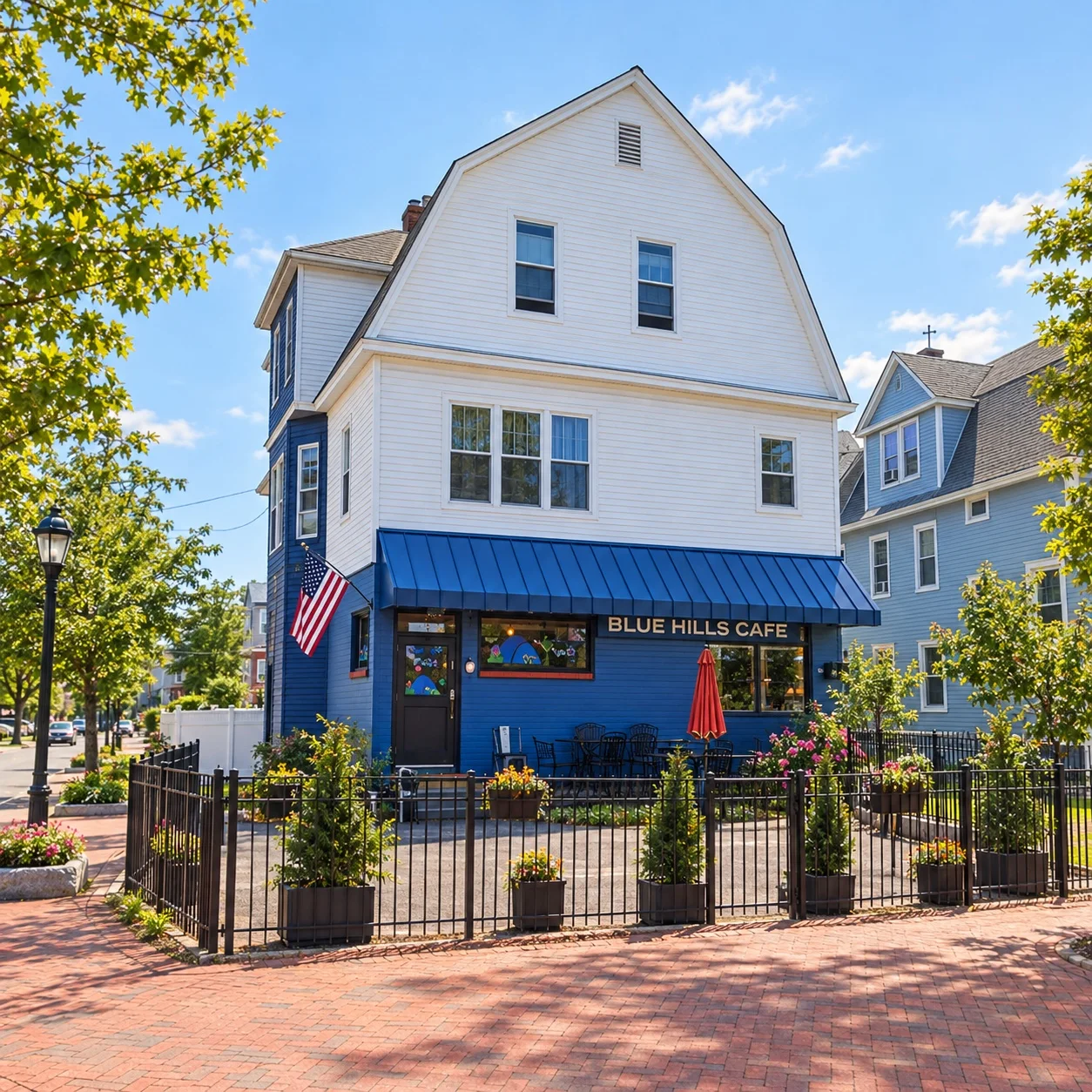 AI-enhanced exterior of Blue Hills Cafe, with its blue storefront and patio on Albany Avenue in Hartford