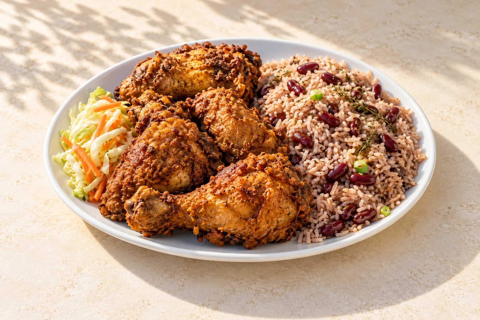 Generated food illustration of crispy fried chicken with Jamaican rice and peas and cabbage