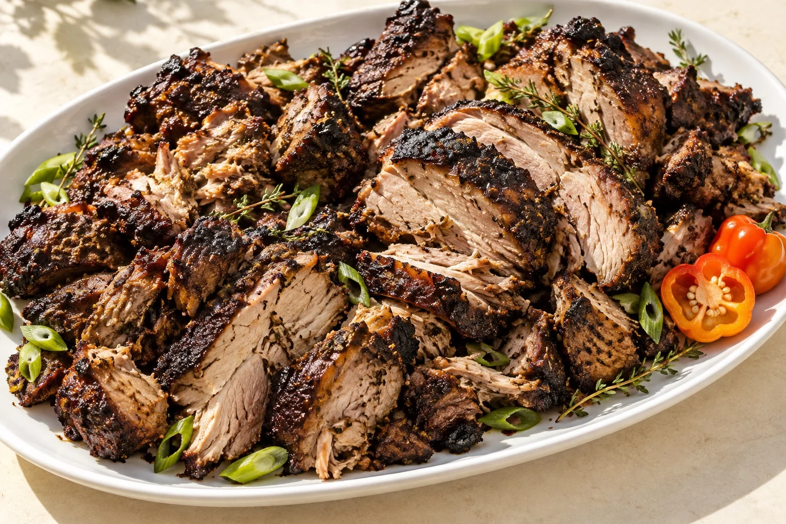 Generated catering photograph of sliced Jamaican jerk pork with charred spice crust, thyme, scallion and Scotch bonnet